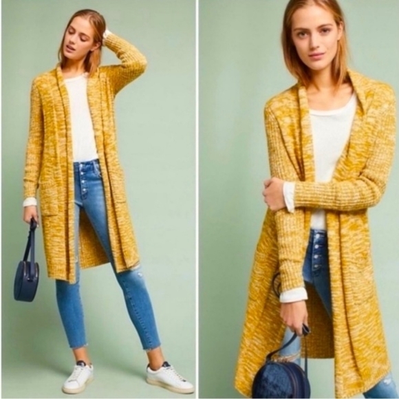 Anthropologie Sweaters - Anthropologie Abigail Duster Long Open Cardigan Marled Heather Mustard Yellow M